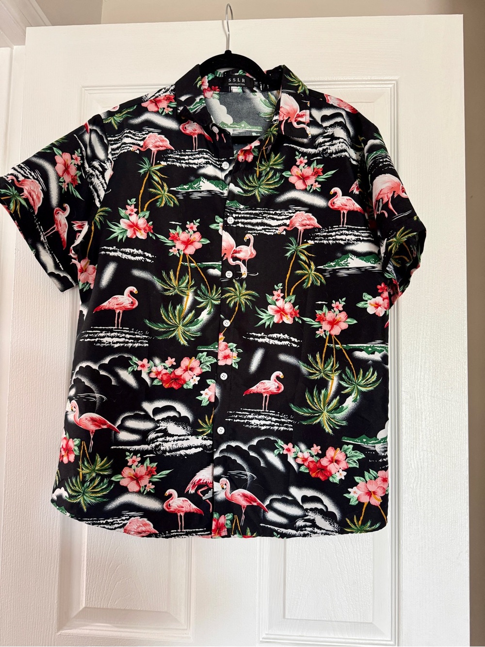 Tropical Flamingo Camp Shirt - Black with Pink Floral Print